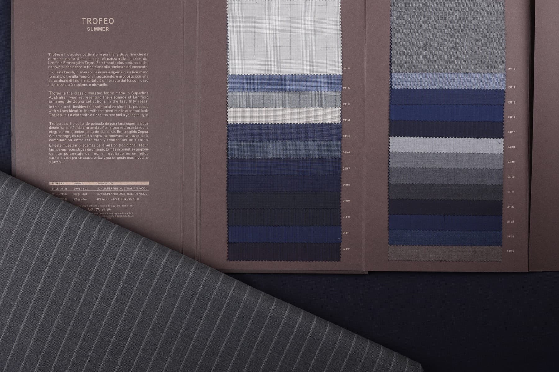 Trofeo Summer swatch book opened across the bench