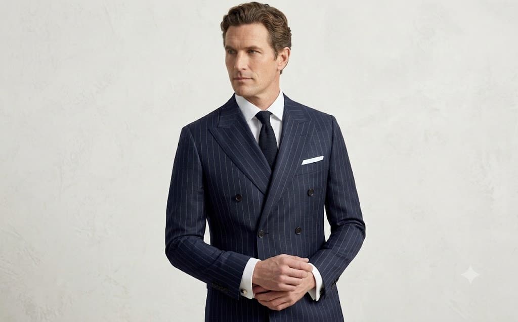 Tailor finishing a navy jacket at the cutting bench