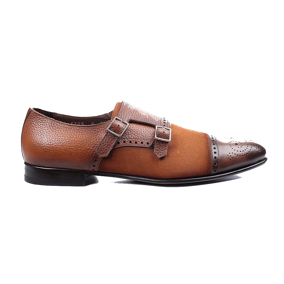 Double-monk in vintage marrone, polished calf and suede combination